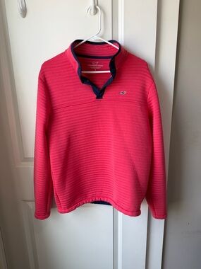 Vineyard Vines Coral Pink Quilted Snap Pullover with Navy Trim